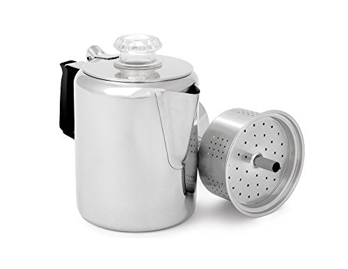 GSI Outdoors Percolator Coffee Pot I Glacier Stainless Steel with Silicone Handle for Camping, Backpacking, Travel, RV & Hunting - Stove Safe