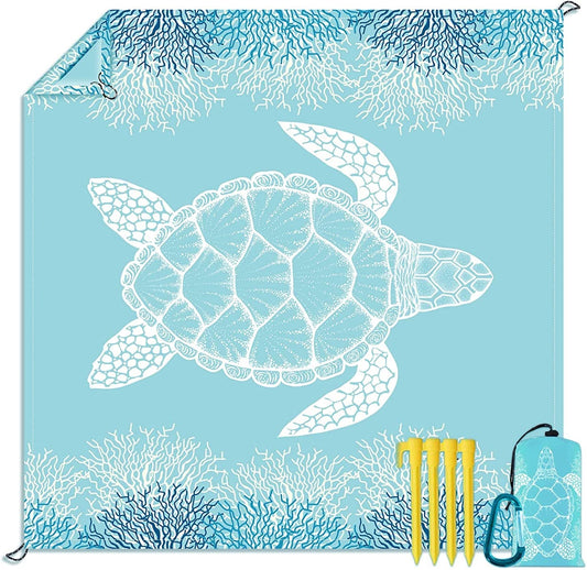 Sunberry Beach Blanket Waterproof Sandproof Cute Sea Turtle 79x79 with Carrying Bag and Stakes Extra Large 4-6 People Oversized Picnic Blanket Beach Mat Foldable